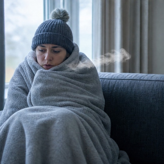 Person wrapped in a blanket in a cold home