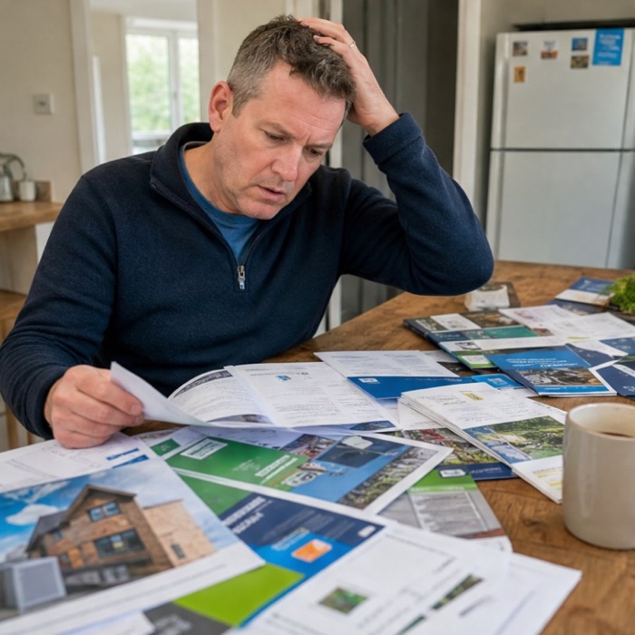 Man looking confused at heat pump brochures