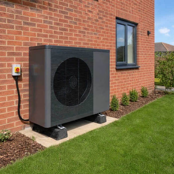 Modern air source heat pump on a new-build home