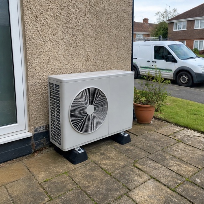 Newly installed heat pump on a home patio