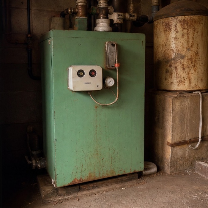 An old, dated oil boiler in a utility room